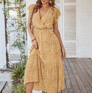 Womens Floral Summer Wrap V Neck Short Sleeve Belted Ruffle Bohemian Dress